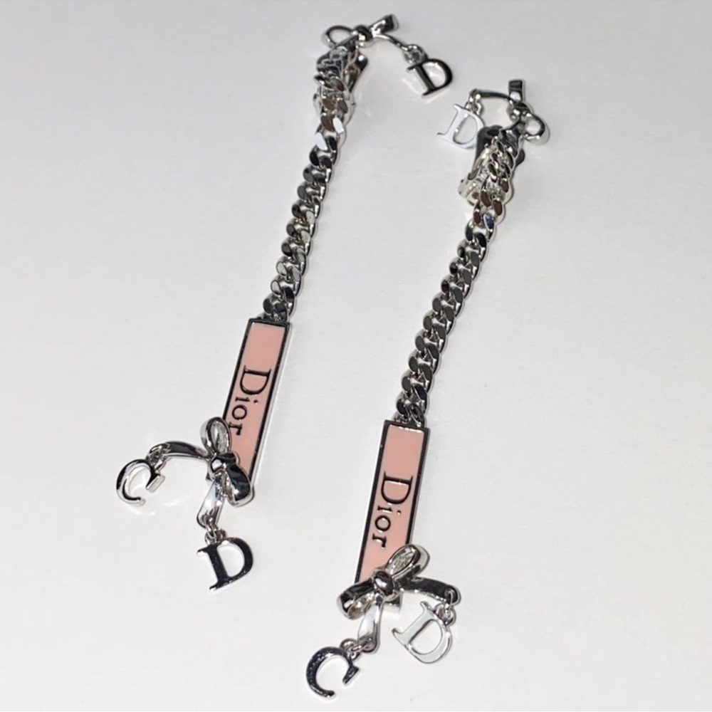 AUTH VTG Christian Dior Silver Long Chain Pink Enamel Nameplate Logo Earrings - Picture 11 of 12